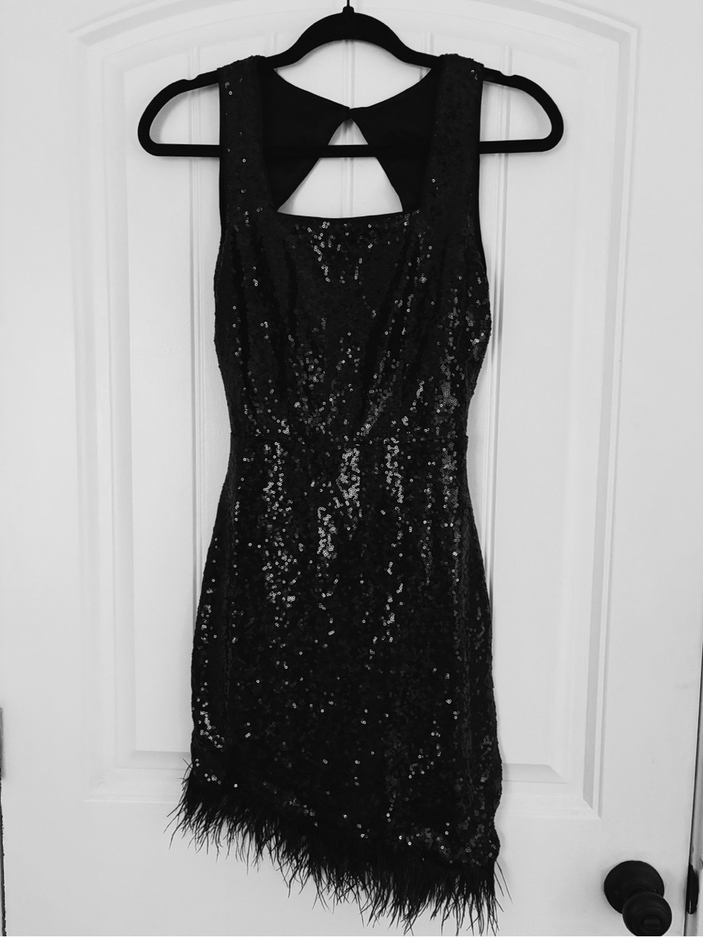 Black Sequin Feather Hem Mini Dress
